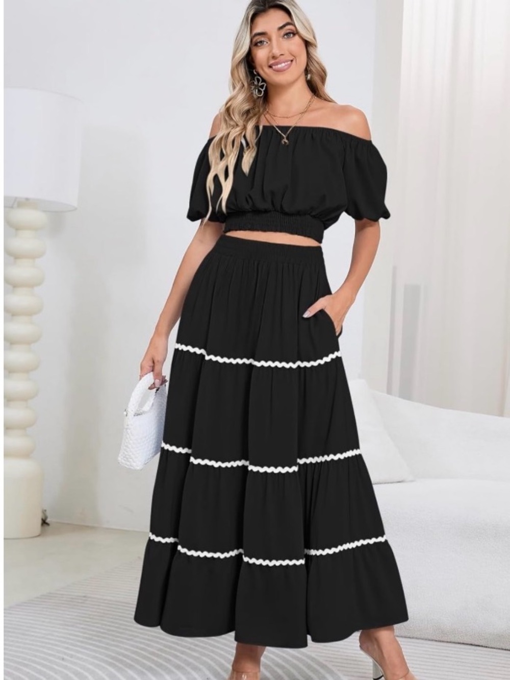 Black Off-Shoulder Tiered Maxi Skirt